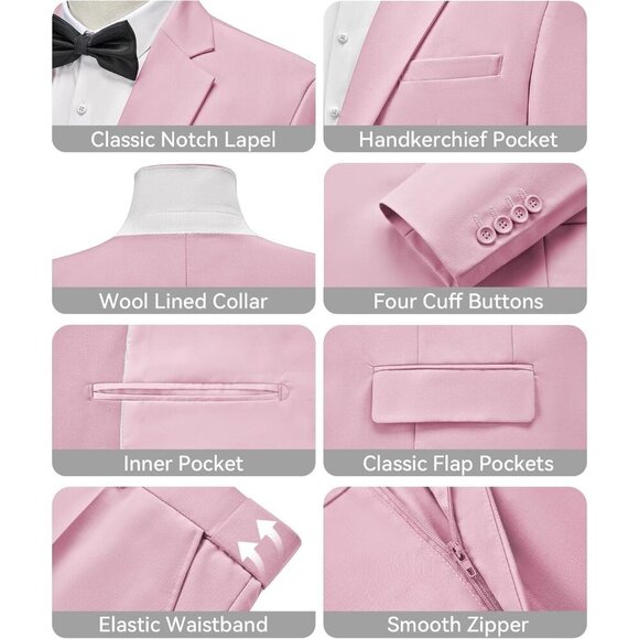 Men's Pink Single Breasted Peak Lapel 2 Piece Two Button Blazer Wedding - Picture 3 of 7